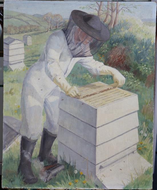 Modern British Beekeeper and hive 20 x 16in., unframed